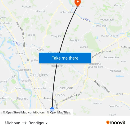 Michoun to Bondigoux map