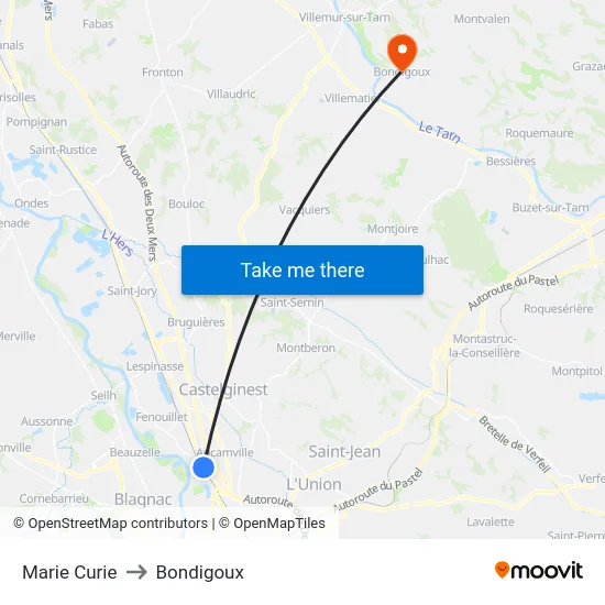 Marie Curie to Bondigoux map