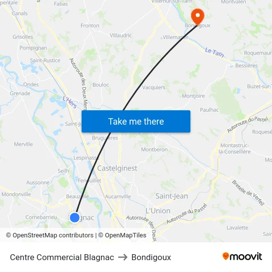 Centre Commercial Blagnac to Bondigoux map