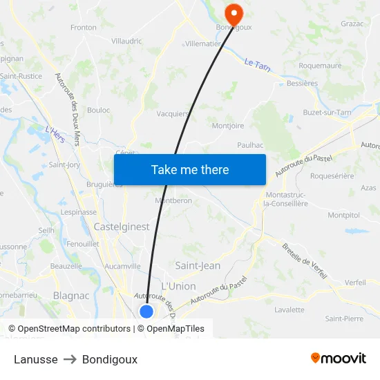 Lanusse to Bondigoux map