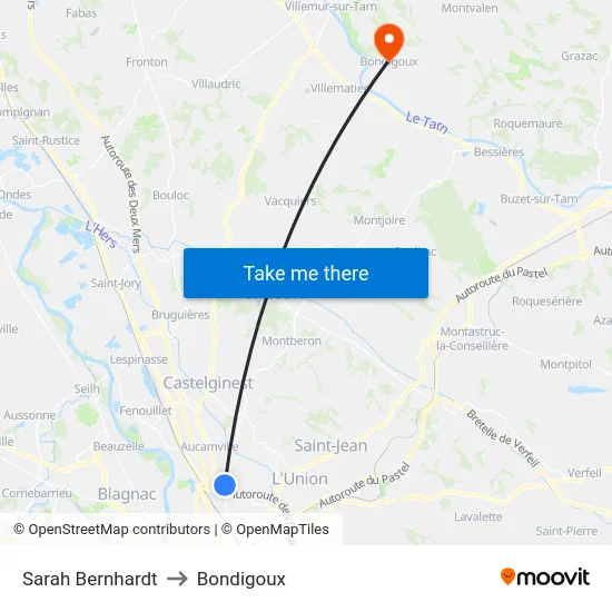 Sarah Bernhardt to Bondigoux map