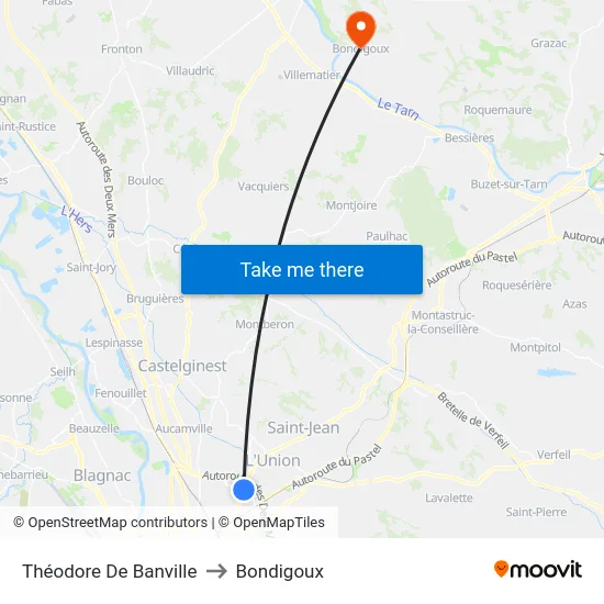 Théodore De Banville to Bondigoux map