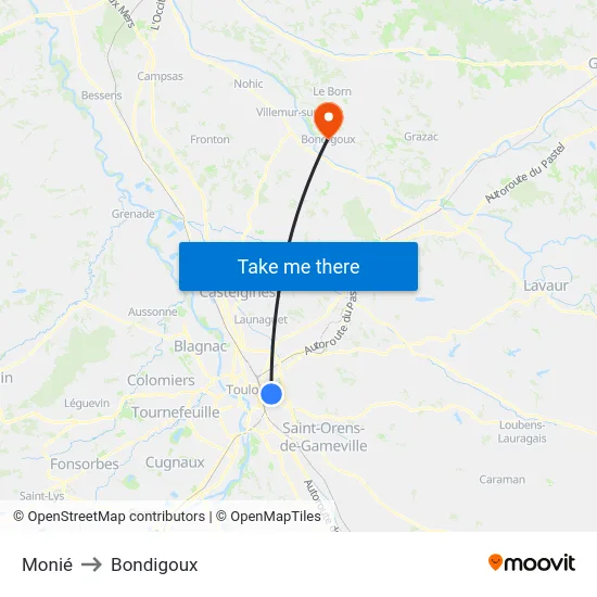 Monié to Bondigoux map