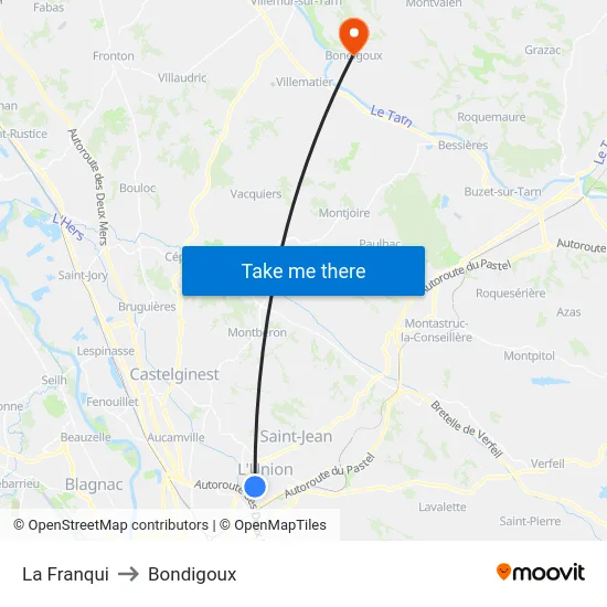La Franqui to Bondigoux map