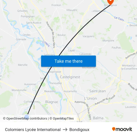 Colomiers Lycée International to Bondigoux map