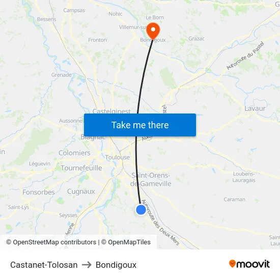 Castanet-Tolosan to Bondigoux map