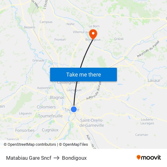 Matabiau Gare Sncf to Bondigoux map