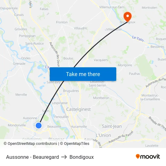 Aussonne - Beauregard to Bondigoux map