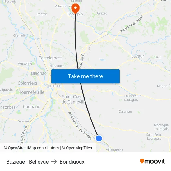 Baziege - Bellevue to Bondigoux map