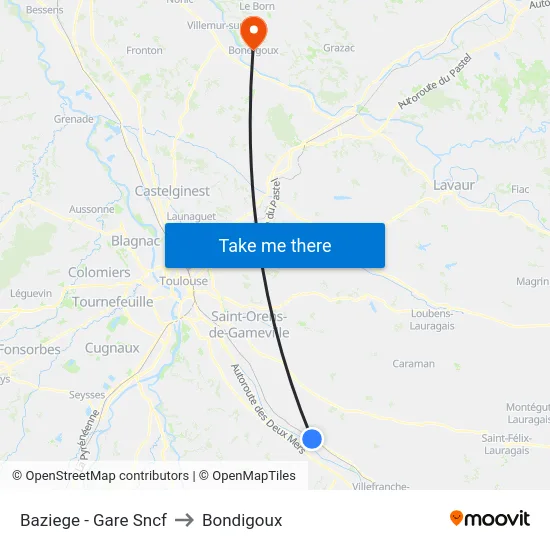 Baziege - Gare Sncf to Bondigoux map