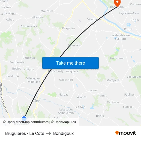 Bruguieres - La Côte to Bondigoux map