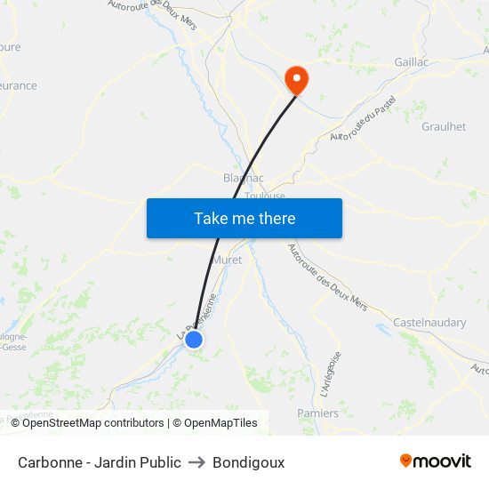 Carbonne - Jardin Public to Bondigoux map