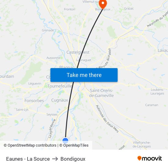 Eaunes - La Source to Bondigoux map