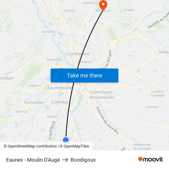 Eaunes - Moulin D'Augé to Bondigoux map