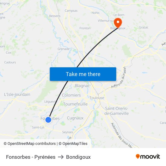 Fonsorbes - Pyrénées to Bondigoux map