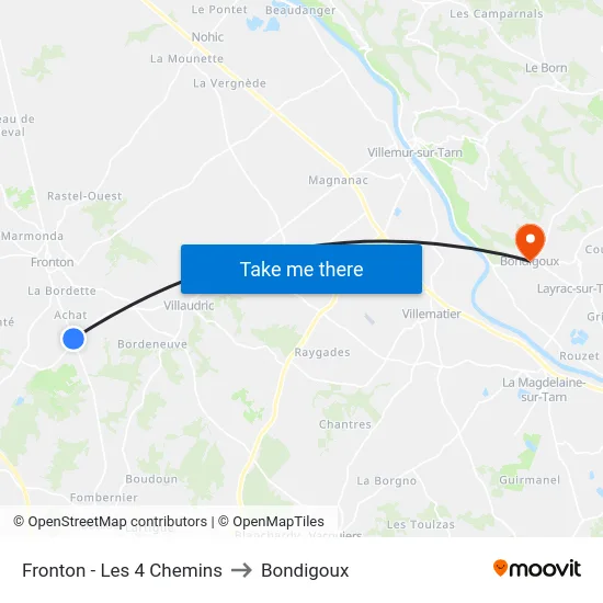 Fronton - Les 4 Chemins to Bondigoux map