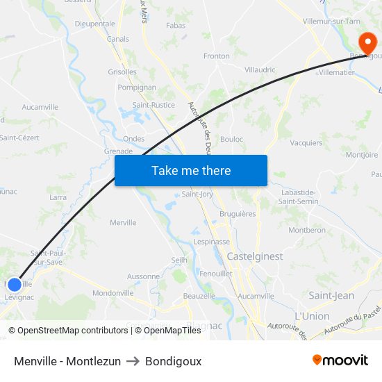 Menville - Montlezun to Bondigoux map