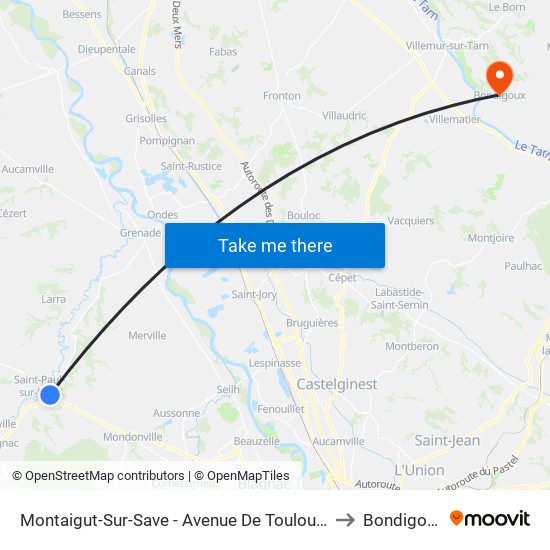 Montaigut-Sur-Save - Avenue De Toulouse to Bondigoux map