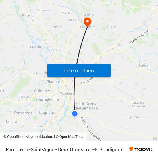 Ramonville-Saint-Agne - Deux Ormeaux to Bondigoux map