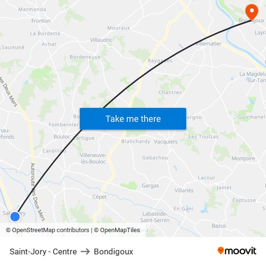 Saint-Jory - Centre to Bondigoux map