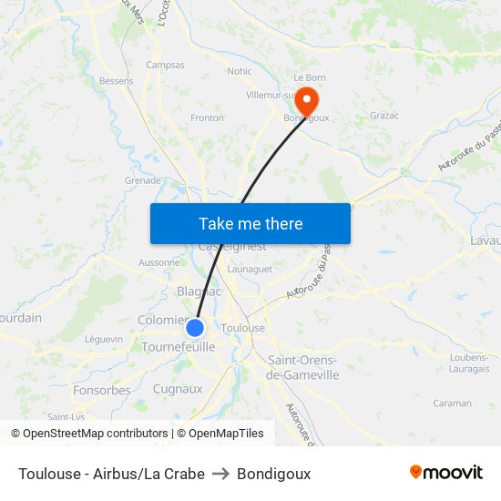 Toulouse - Airbus/La Crabe to Bondigoux map