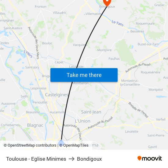 Toulouse - Eglise Minimes to Bondigoux map