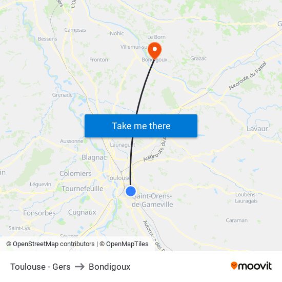 Toulouse - Gers to Bondigoux map