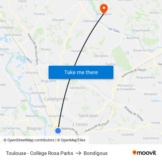 Toulouse - Collège Rosa Parks to Bondigoux map