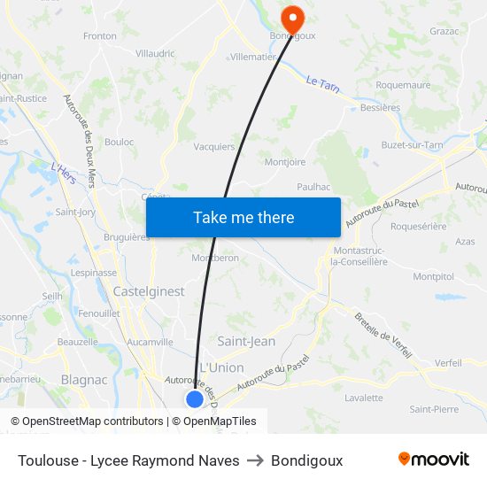 Toulouse - Lycee Raymond Naves to Bondigoux map