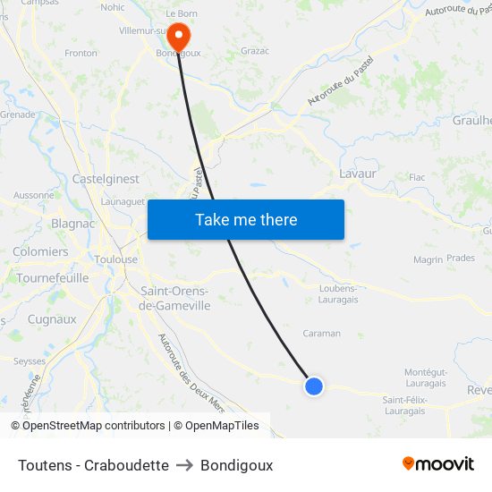 Toutens - Craboudette to Bondigoux map