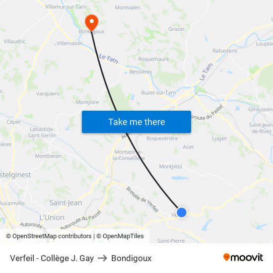 Verfeil - Collège J. Gay to Bondigoux map