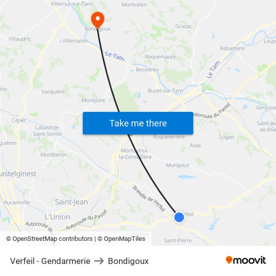 Verfeil - Gendarmerie to Bondigoux map