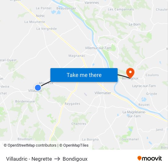 Villaudric - Negrette to Bondigoux map