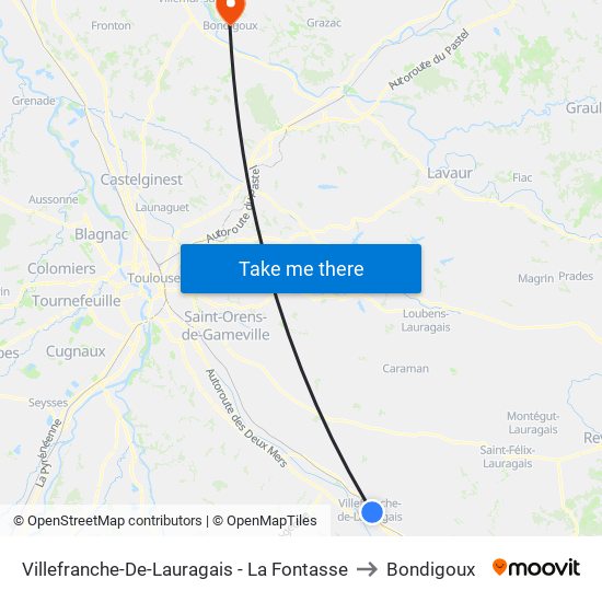 Villefranche-De-Lauragais - La Fontasse to Bondigoux map