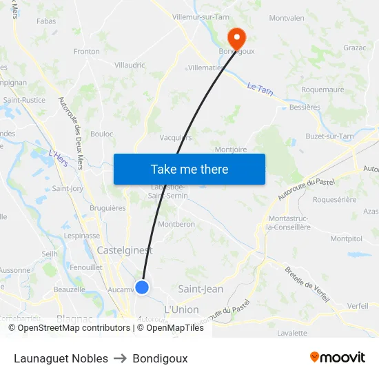 Launaguet Nobles to Bondigoux map