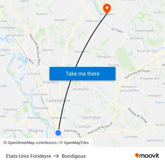 Etats-Unis Fondeyre to Bondigoux map