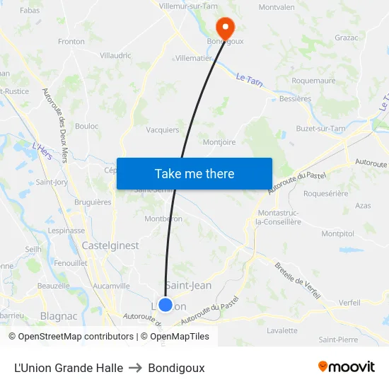 L'Union Grande Halle to Bondigoux map