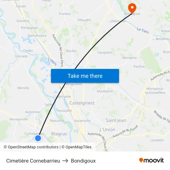 Cimetière Cornebarrieu to Bondigoux map