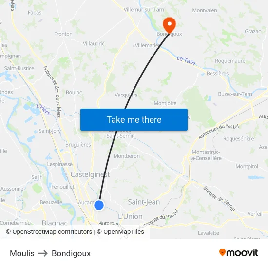 Moulis to Bondigoux map