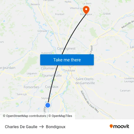 Charles De Gaulle to Bondigoux map