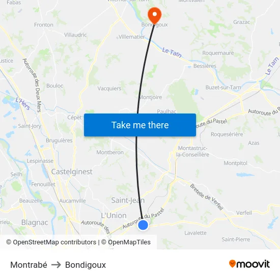 Montrabé to Bondigoux map