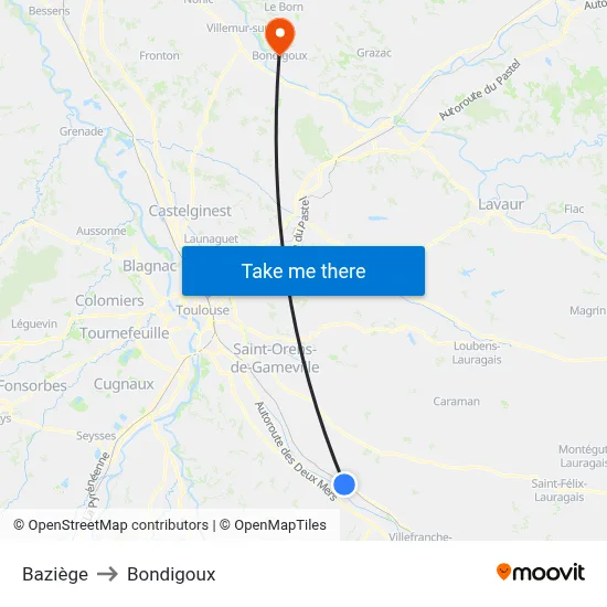 Baziège to Bondigoux map