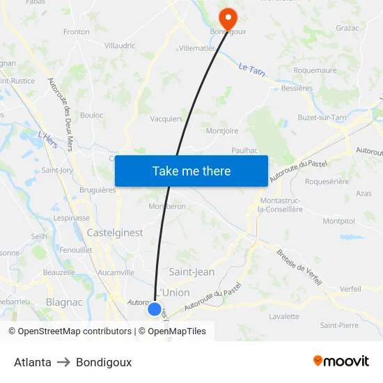 Atlanta to Bondigoux map