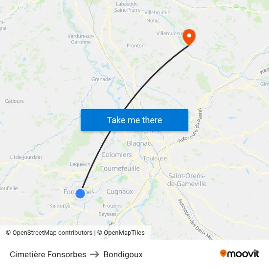 Cimetière Fonsorbes to Bondigoux map
