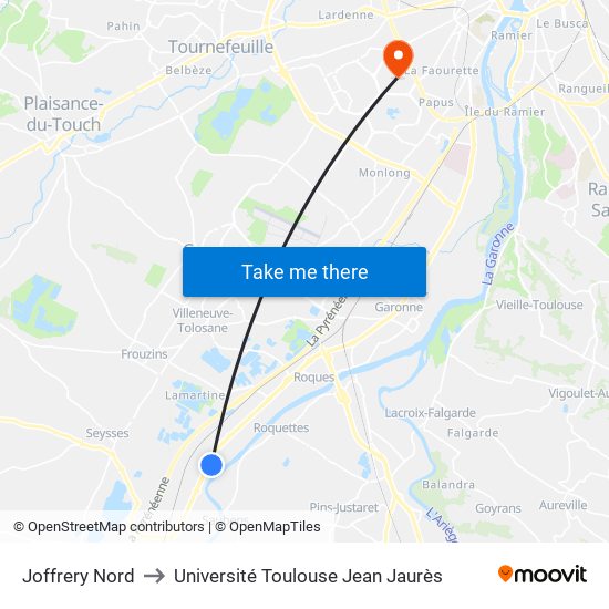 Joffrery Nord to Université Toulouse Jean Jaurès map