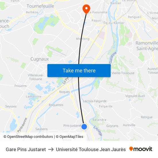 Gare Pins Justaret to Université Toulouse Jean Jaurès map