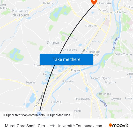 Muret Gare Sncf - Cimetière to Université Toulouse Jean Jaurès map