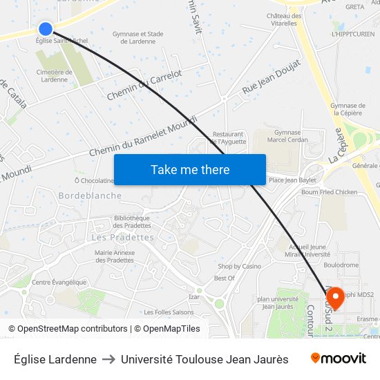 Église Lardenne to Université Toulouse Jean Jaurès map