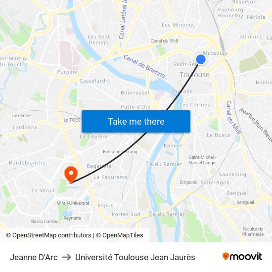 Jeanne D'Arc to Université Toulouse Jean Jaurès map