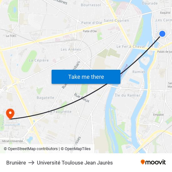 Brunière to Université Toulouse Jean Jaurès map